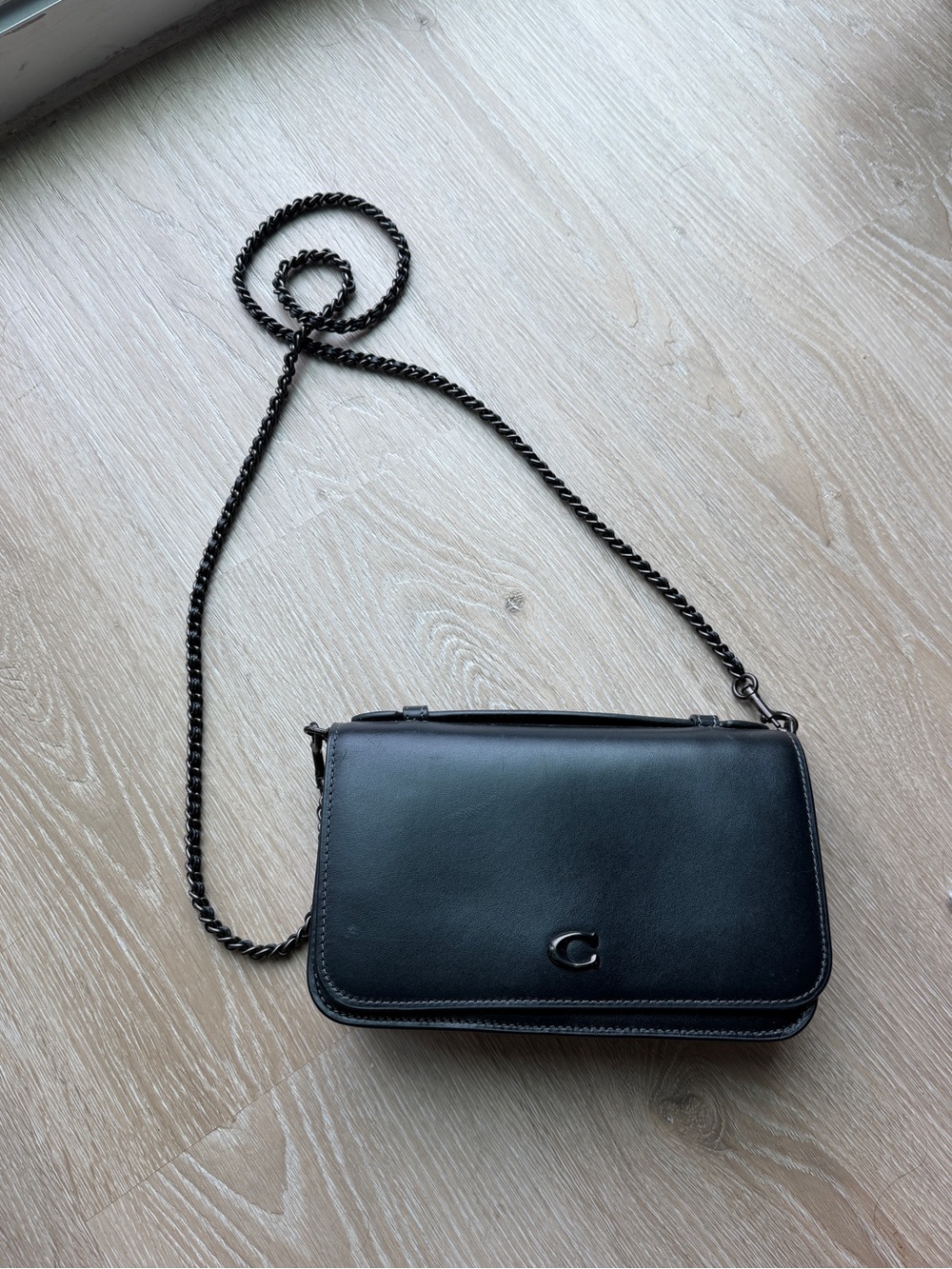 Coach Black Leather Crossbody with Gunmetal Chain